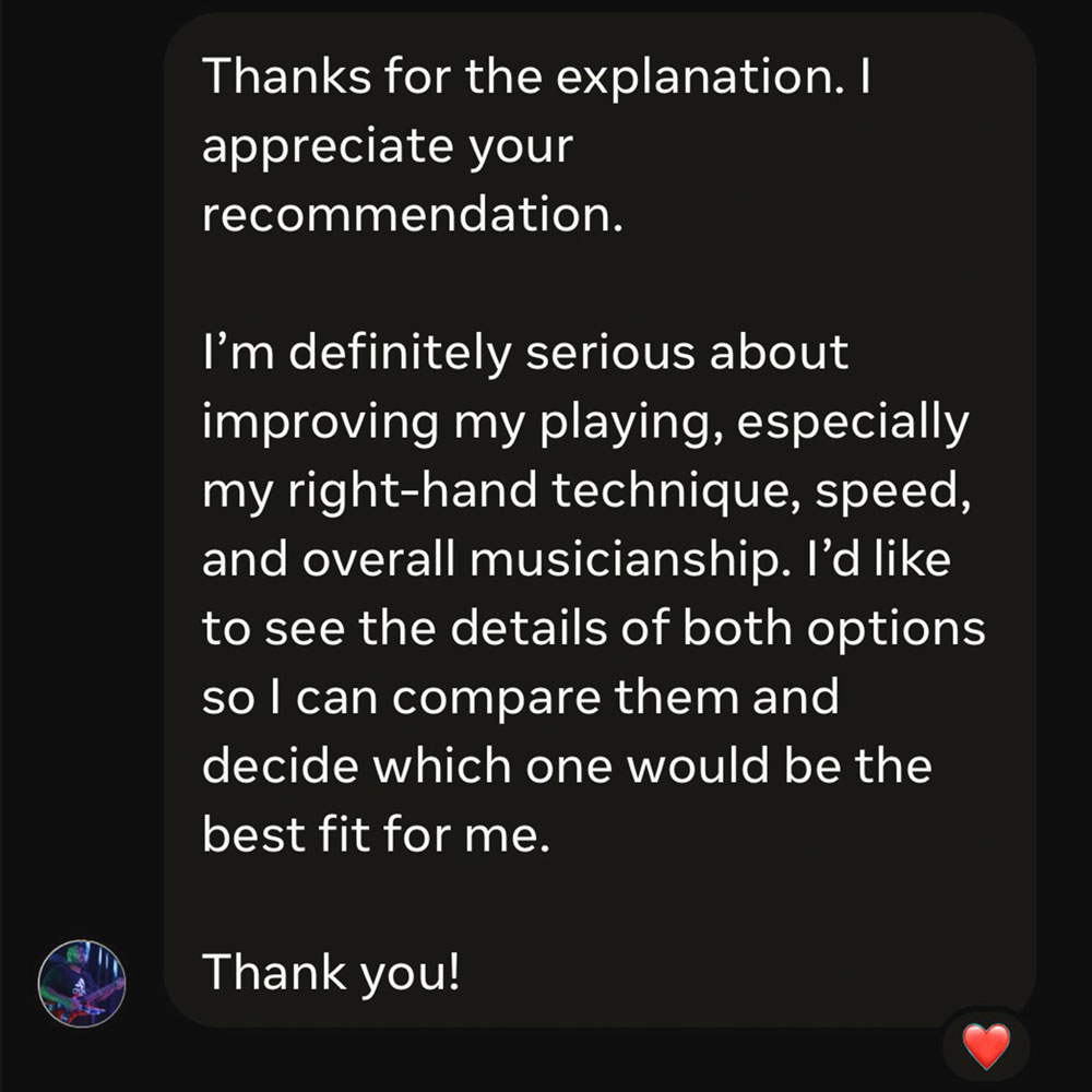 Student message about Andrew Nitsievsky’s guitar lessons and recommendations about picking technique