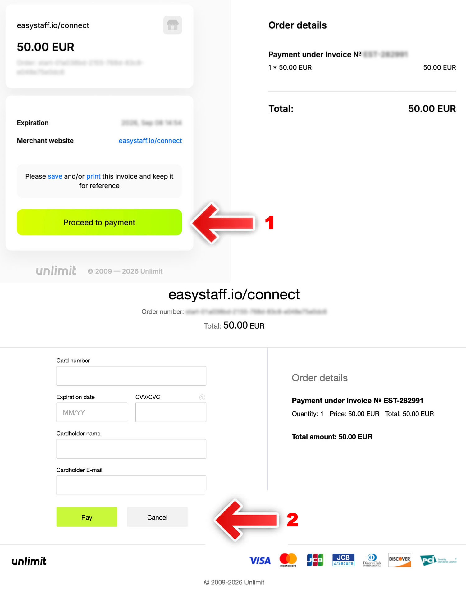 Easy Staff payment page with Proceed to payment button and international card payment form with Pay button