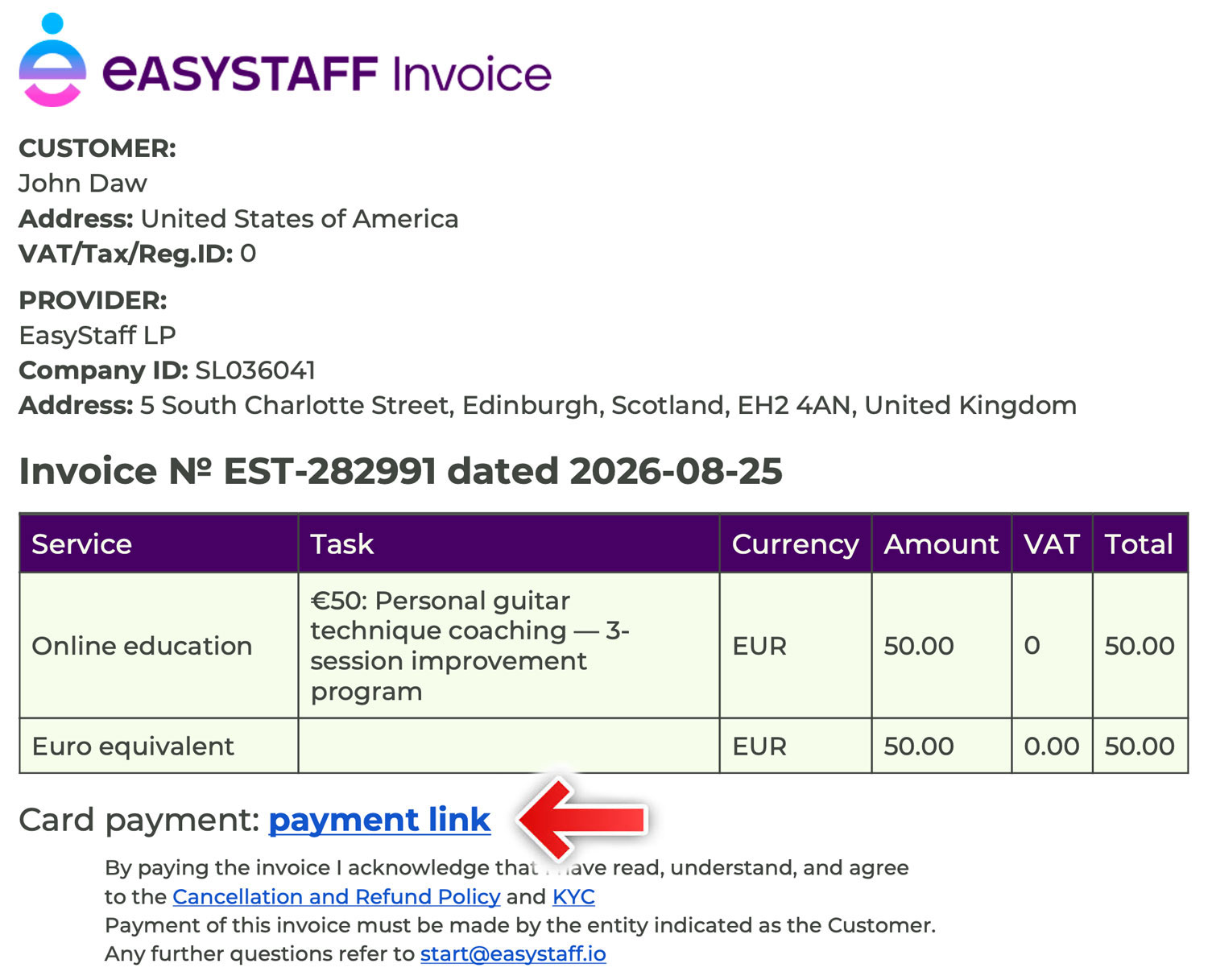 EasyStaff invoice with card payment link highlighted