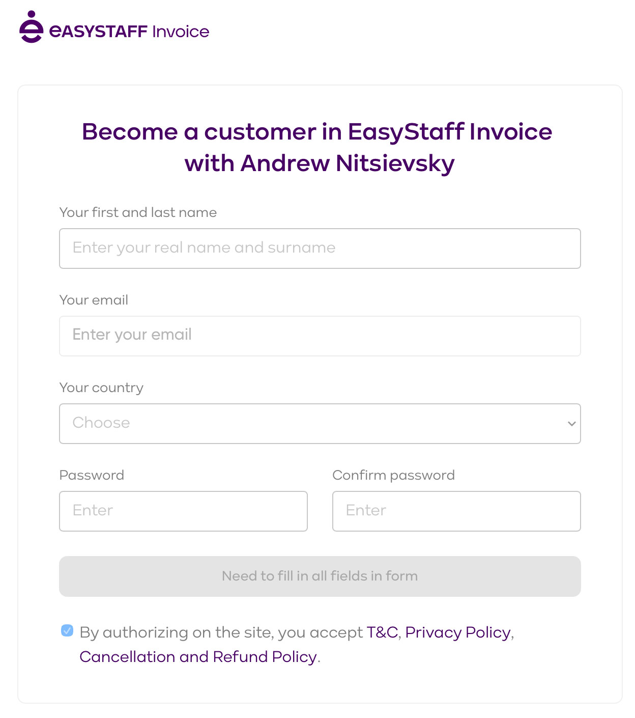 EasyStaff one-time customer setup form