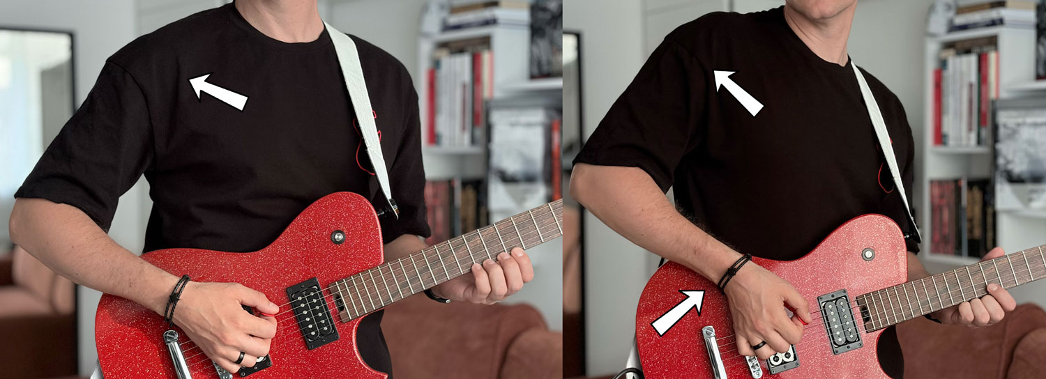 Andrew Nitsievsky shows correct and wrong postures with a red guitar on a strap. 