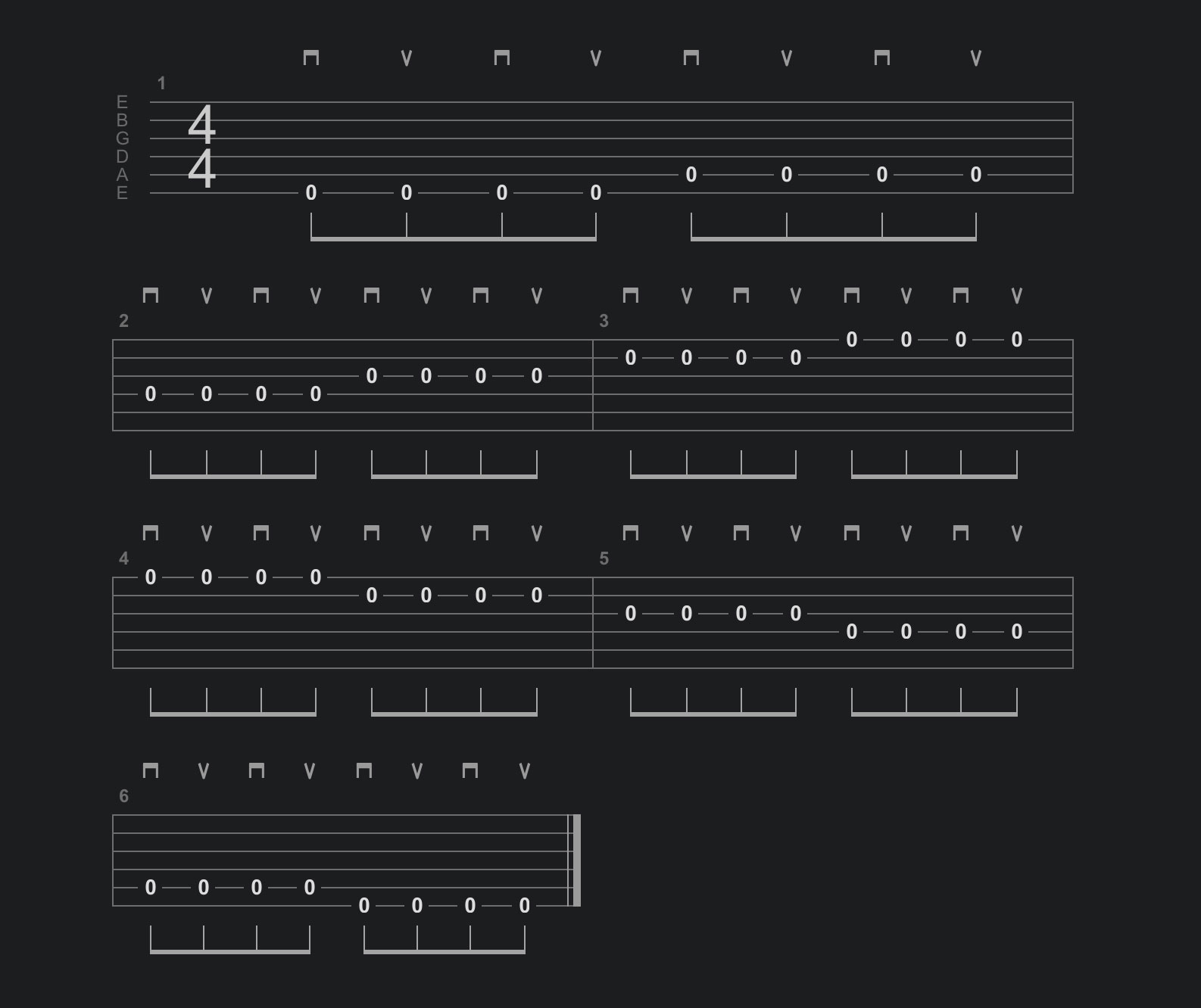 Six-string alternate picking exercise with four strokes per string