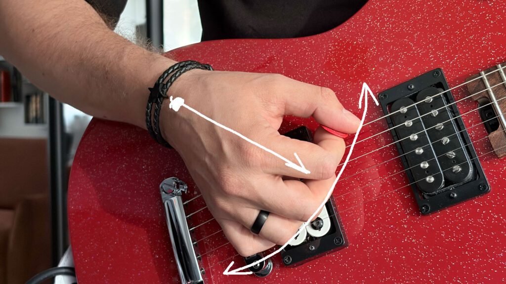 Wrist-based guitar picking movement shown with directional arrows