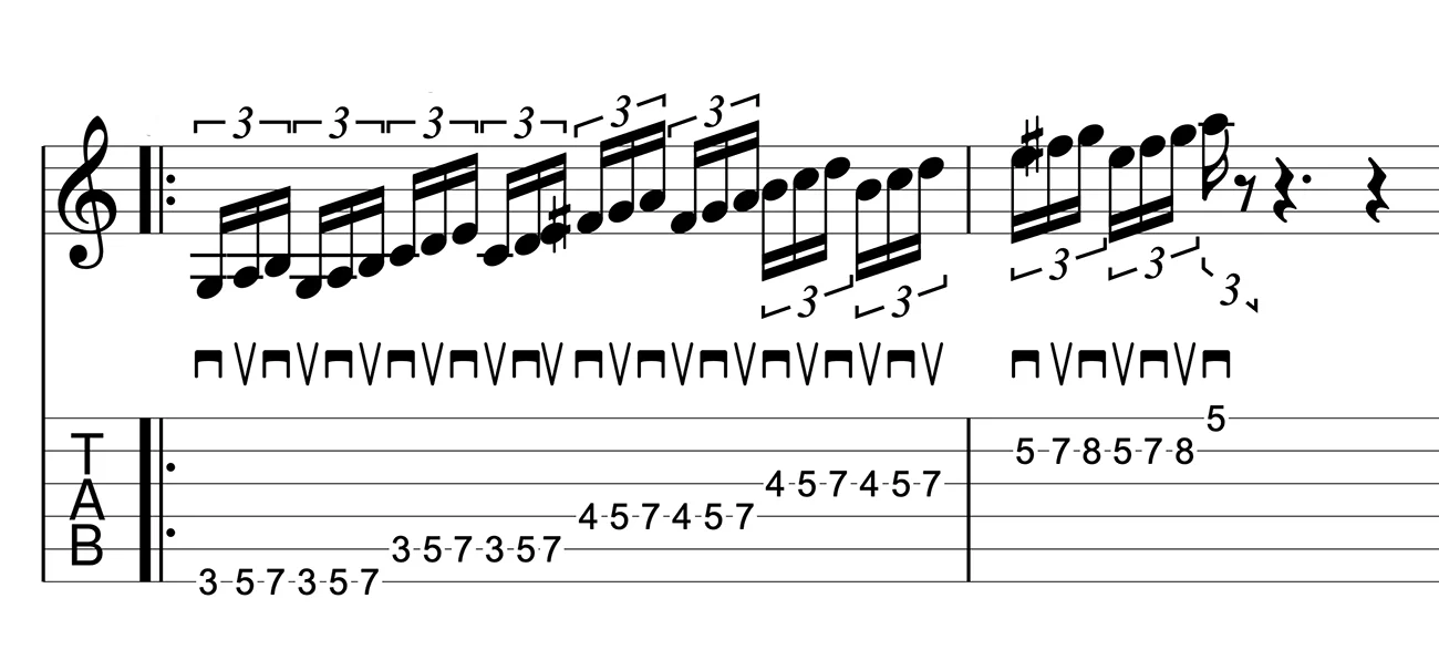 Alternate picking exercise with string changes beginning on a downstroke