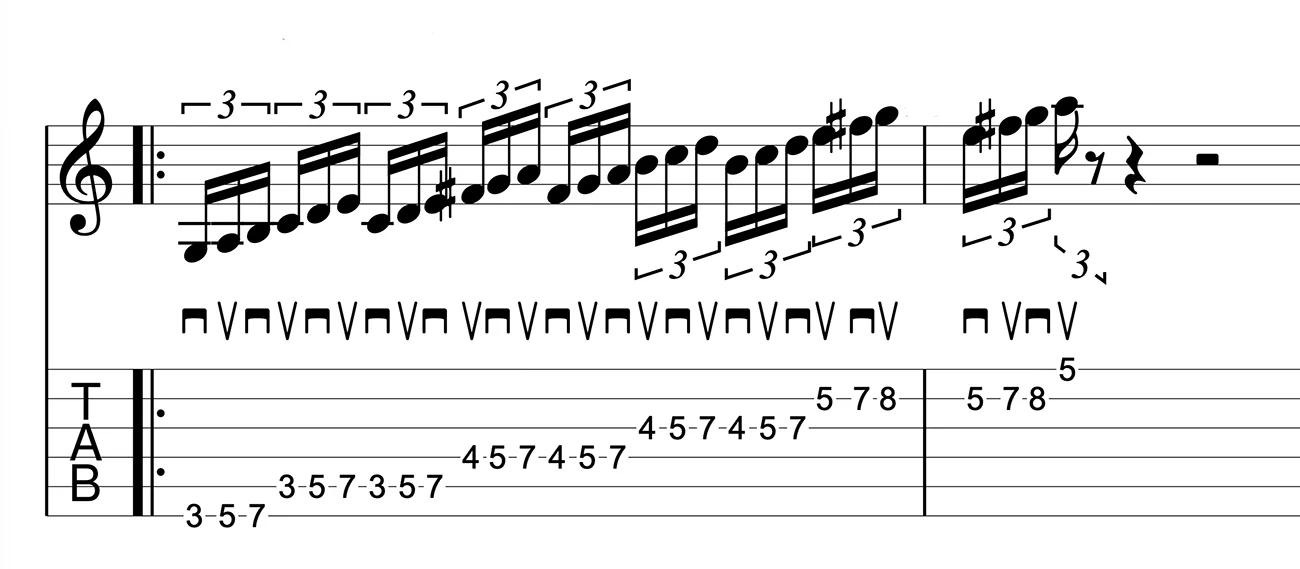 Alternate picking exercise with string changes beginning on an upstroke