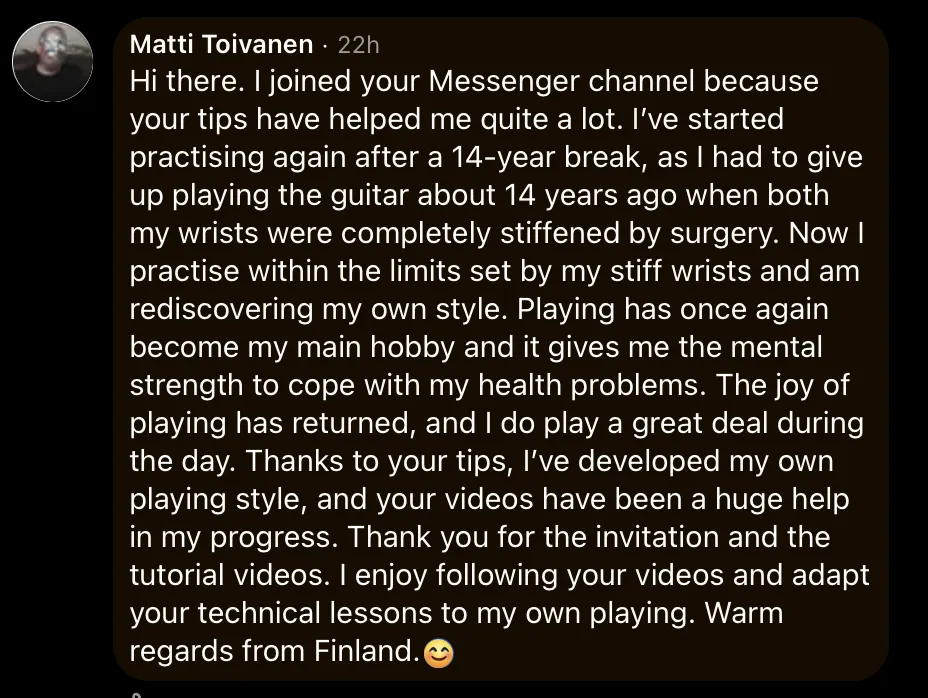 Guitar player testimonial about returning to practice after a 14-year break and improving technique