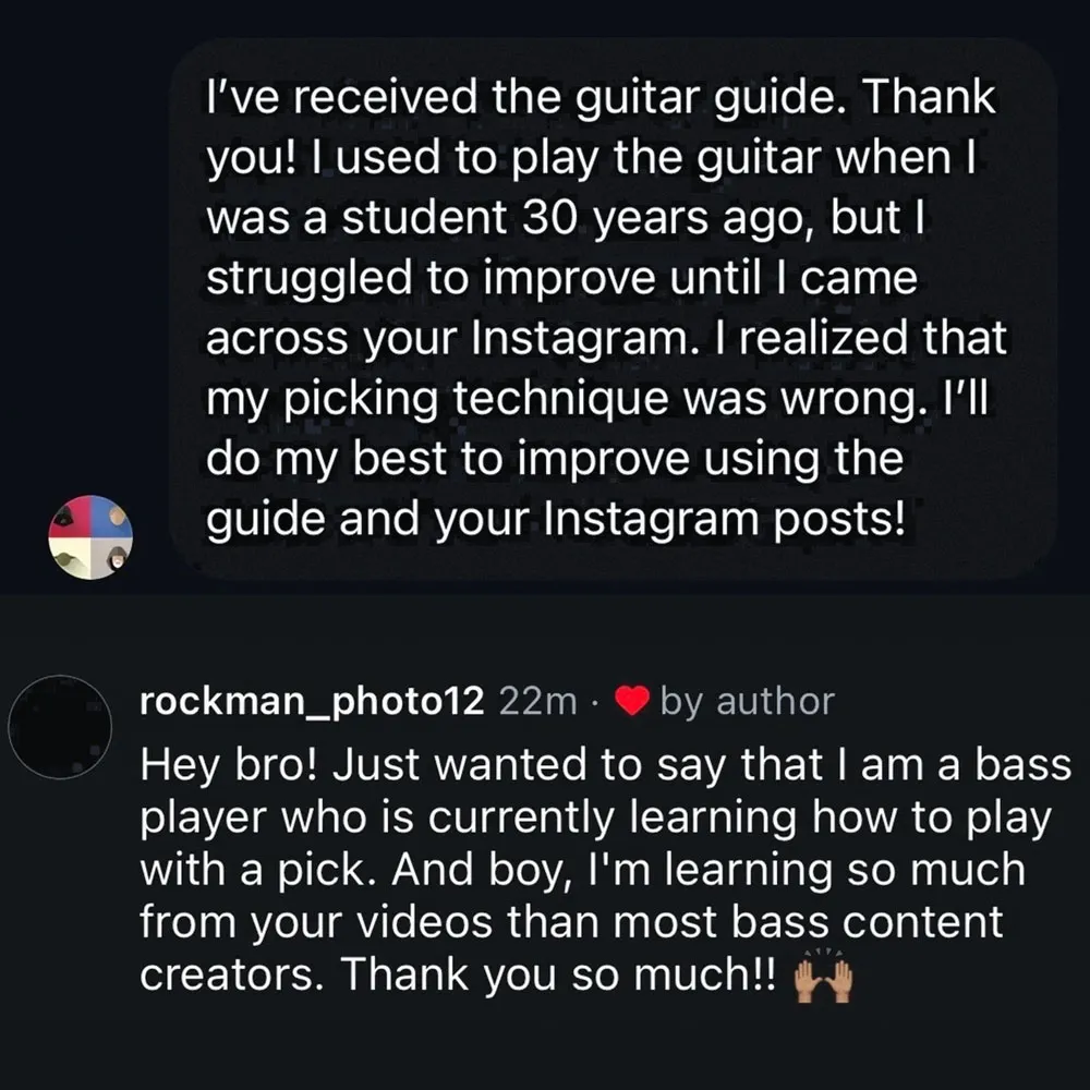 Guitar player testimonials about picking technique, free guide and learning progress