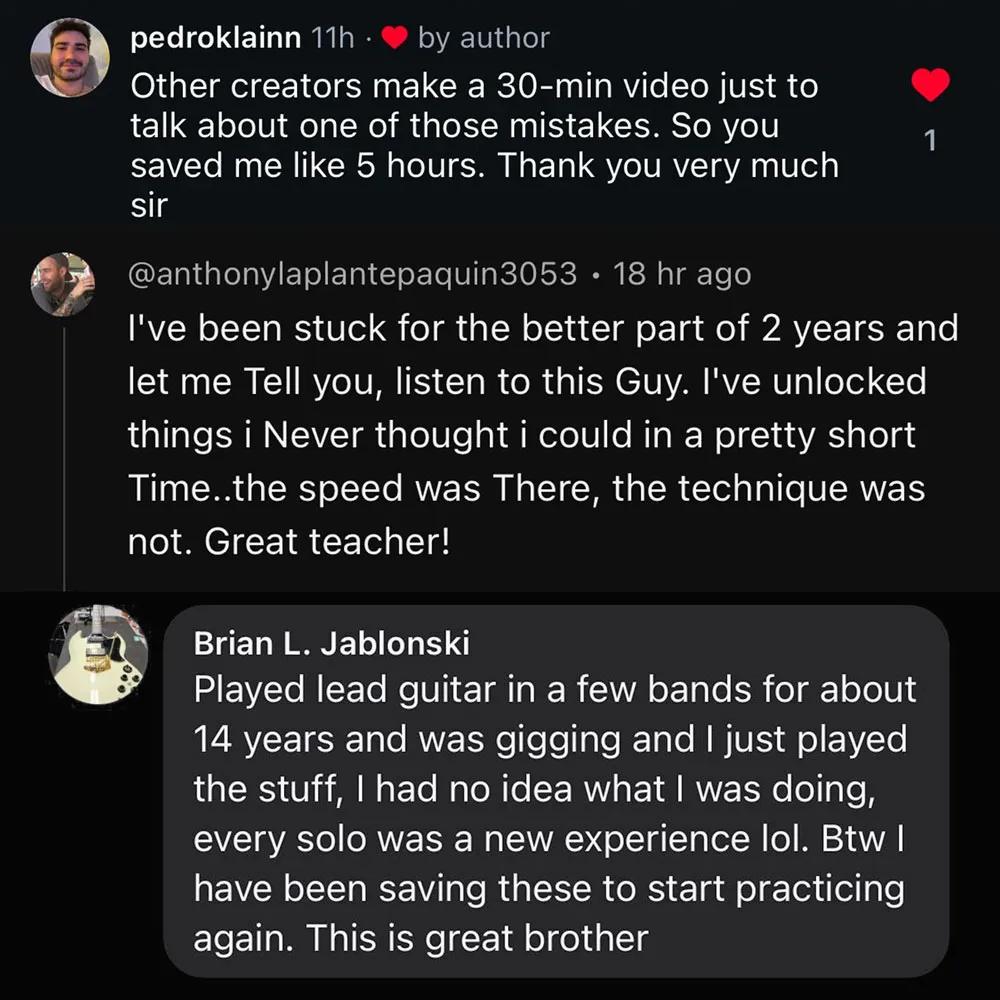 Guitar technique testimonials about picking improvement and teaching