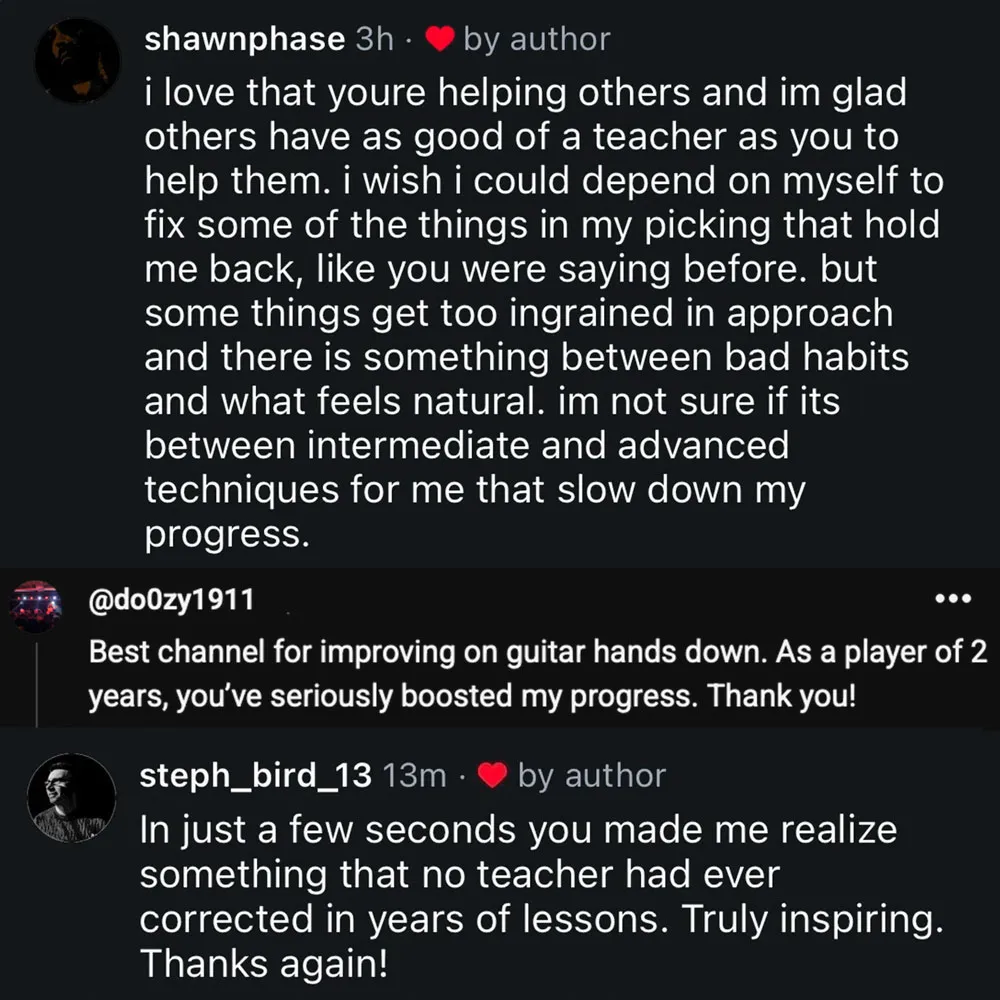 Guitar technique testimonials about speed, control and breaking through plateaus